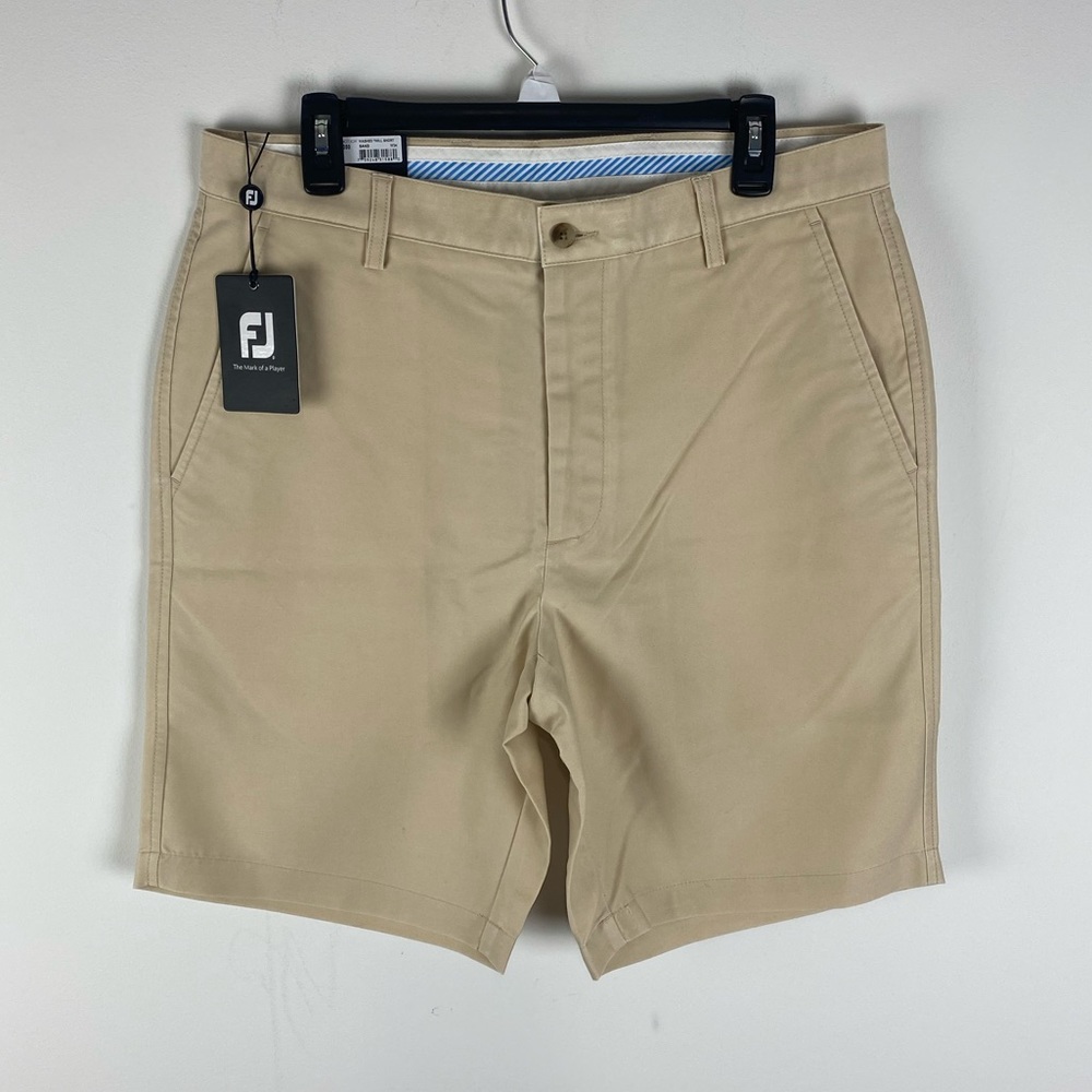 NEW FJ FootJoy Washed Twill polyester athletic khaki golf shorts, 34